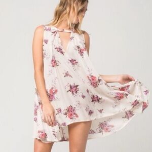 Free People Tree Swing Cream Floral Mini Dress Size S w Purple Flowers Boho